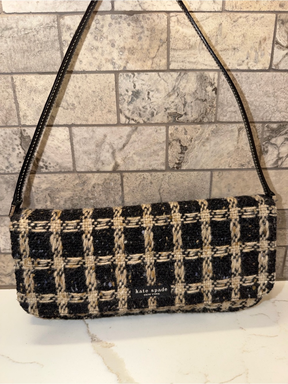 kate spade Y2k Yourke Black and Beige Tweed Shoulder Bag